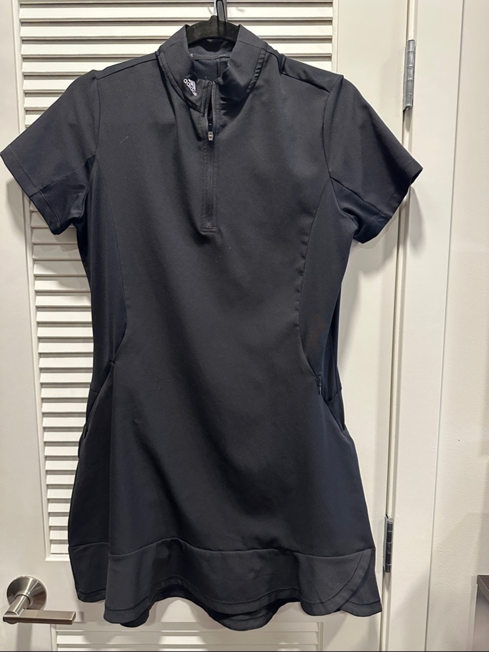 adidas Black Short-Sleeve Tennis Dress with Shorts. All have pockets.